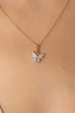 Gold Mavi Renk Kelebek Figür Kadın Kolye