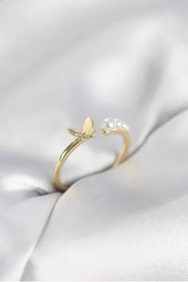 İncili Kelebek Model Gold Renk Pirinç Kadın Yüzük İncili Kelebek Model Gold Renk Pirinç Kadın Yüzük