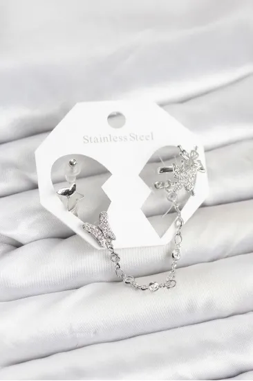 Pirinç Gümüş Renk Kelebek Model Zincir Bağlantılı Ear Cuff Küpe Seti Pirinç Gümüş Renk Kelebek Model Zincir Bağlantılı Ear Cuff Küpe Seti