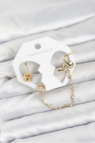 Pirinç Gold Renk Yılan Model Zincir Bağlantılı Ear Cuff Küpe Seti Pirinç Gold Renk Yılan Model Zincir Bağlantılı Ear Cuff Küpe Seti