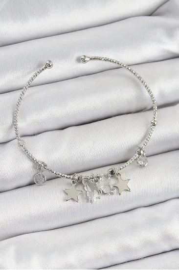 Pirinç Zirkon Taşlı Kelebek Ve Yıldız Model Gümüş Renk Charm Bileklik Pirinç Zirkon Taşlı Kelebek Ve Yıldız Model Gümüş Renk Charm Bileklik