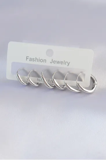 Pirinç Gümüş Renk Oval Küpe Seti Pirinç Gümüş Renk Oval Küpe Seti