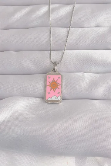 316L Çelik Gümüş Renk Pembe Mineli Güneş Model Tarot Kolye 316L Çelik Gümüş Renk Pembe Mineli Güneş Model Tarot Kolye
