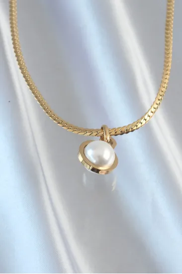 316L Çelik Gold Renk Yassı Zincir İnci Taşlı Kolye 316L Çelik Gold Renk Yassı Zincir İnci Taşlı Kolye
