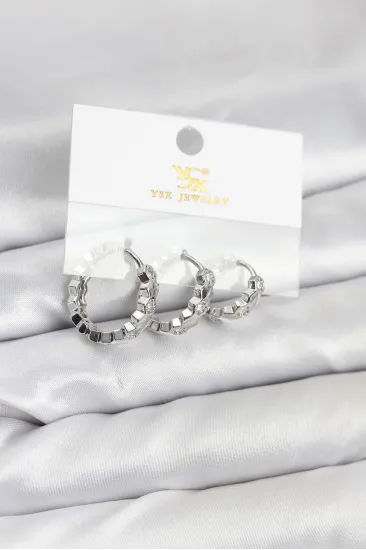 Pirinç Gümüş Renk Zirkon Taşlı Petek Halka Model YSX Trio Küpe Seti Pirinç Gümüş Renk Zirkon Taşlı Petek Halka Model YSX Trio Küpe Seti