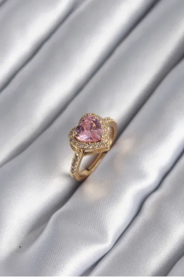 Pirinç Gold Renk Pembe Zirkon Taşlı Charm Kalp Model Kadın Yüzük Pirinç Gold Renk Pembe Zirkon Taşlı Charm Kalp Model Kadın Yüzük