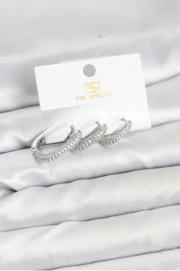 Pirinç Gümüş Renk Zirkon Taşlı Halka Model YSX Trio Küpe Seti Pirinç Gümüş Renk Zirkon Taşlı Halka Model YSX Trio Küpe Seti