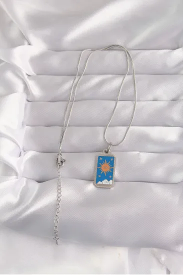 316L Çelik Gümüş Renk Mavi Mineli Güneş Model Tarot Kolye 316L Çelik Gümüş Renk Mavi Mineli Güneş Model Tarot Kolye