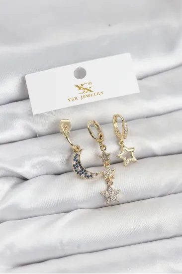 Pirinç Gold Renk Zirkon Taşlı Ay ve Yıldız Model YSX Trio Küpe Seti Pirinç Gold Renk Zirkon Taşlı Ay ve Yıldız Model YSX Trio Küpe Seti