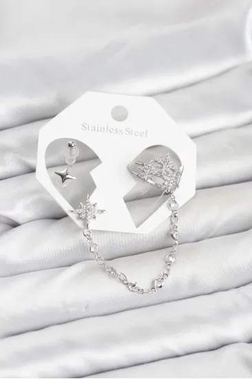 Kutup Yıldızı Model Pirinç Gümüş Renk Zincir Bağlantılı Ear Cuff Küpe Seti Kutup Yıldızı Model Pirinç Gümüş Renk Zincir Bağlantılı Ear Cuff Küpe Seti