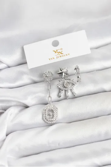Pirinç Gümüş Renk Göz ve Kutup Yıldızı Model YSX Trio Küpe Seti Pirinç Gümüş Renk Göz ve Kutup Yıldızı Model YSX Trio Küpe Seti