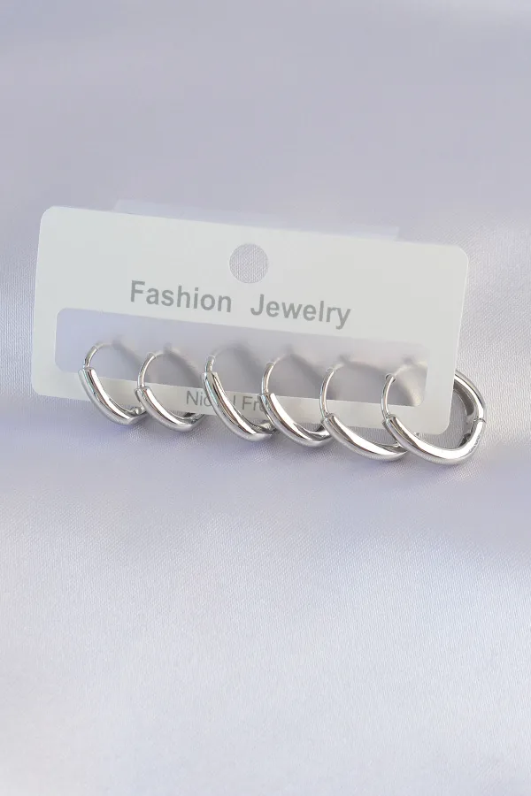Pirinç Gümüş Renk Oval Küpe Seti Pirinç Gümüş Renk Oval Küpe Seti