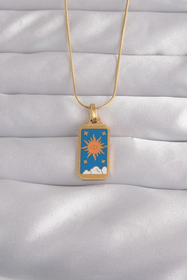 316L Çelik Gold Renk Mavi Mineli Güneş Model Tarot Kolye 316L Çelik Gold Renk Mavi Mineli Güneş Model Tarot Kolye