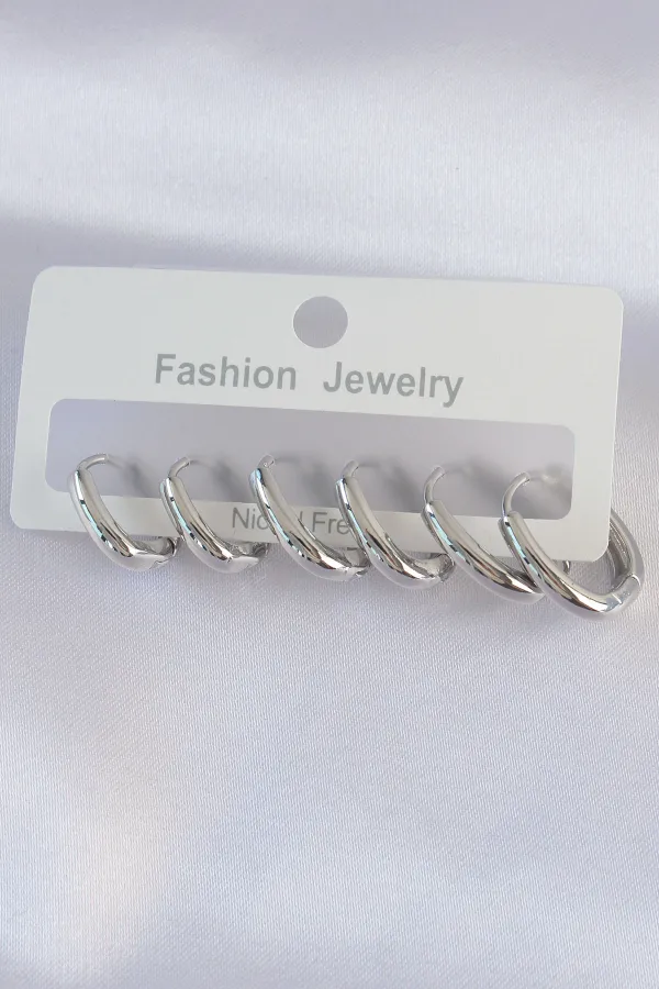 Pirinç Gümüş Renk Oval Küpe Seti Pirinç Gümüş Renk Oval Küpe Seti