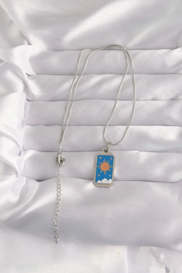 316L Çelik Gümüş Renk Mavi Mineli Güneş Model Tarot Kolye 316L Çelik Gümüş Renk Mavi Mineli Güneş Model Tarot Kolye