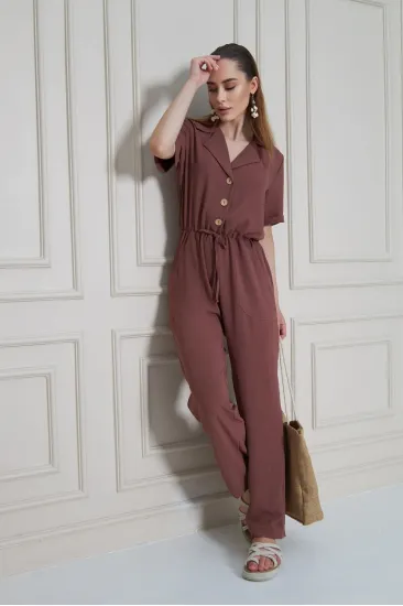 Kadın Gül Kurusu Düğmeli Cepli Beli Büzgülü Kemerli Kısa Kollu Ceket Yaka Rahat Tulum 2622462 Kadın Gül Kurusu Düğmeli Cepli Beli Büzgülü Kemerli Kısa Kollu Ceket Yaka Rahat Tulum 2622462