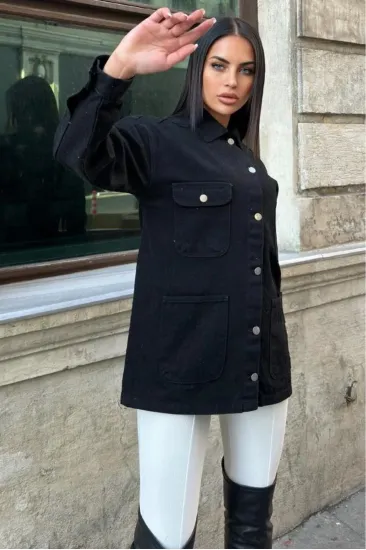 Kadın Siyah Oversize Gabardin Kot Ceket Gömlek – Geniş Cepli, Düğme Detaylı KT00- 700-KT00-100451 Kadın Siyah Oversize Gabardin Kot Ceket Gömlek – Geniş Cepli, Düğme Detaylı KT00- 700-KT00-100451