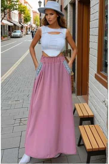 Kadın Pembe Uzun Kiloş Etek – Beli Lastikli, Cepli, Hasır Detaylı 700-3389308 Kadın Pembe Uzun Kiloş Etek – Beli Lastikli, Cepli, Hasır Detaylı 700-3389308