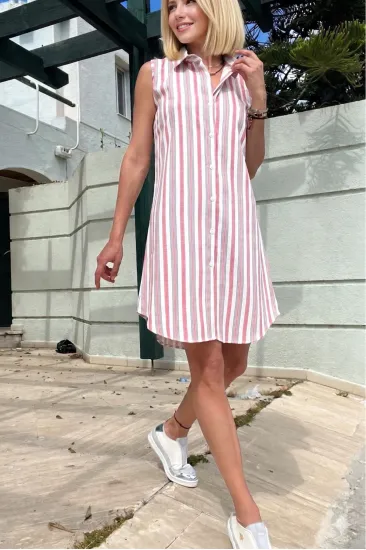 Kadın Gül Kurusu Dik Çizgili, Kolsuz, Rahat Kesim, Pamuklu Midi Kısa Gömlek Elbise 3583286