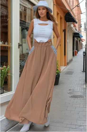 Kadın Taba Uzun Kiloş Etek – Beli Lastikli, Cepli, Hasır Detaylı 700-3389308