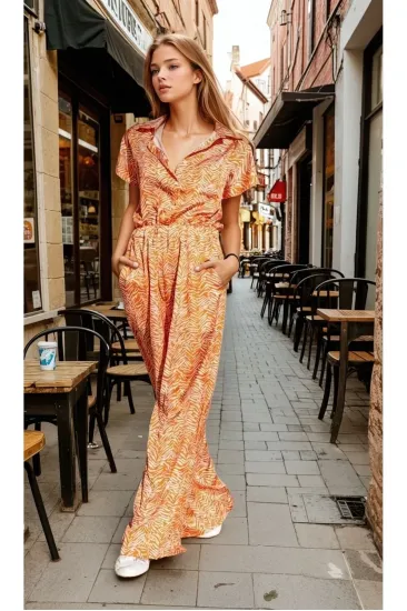 Kadın Cepli Beli Lastikli Bol Paça Gömlek Yaka Kısa Kollu Kaliteli Saten Tulum Turuncu 700-3235451 Kadın Cepli Beli Lastikli Bol Paça Gömlek Yaka Kısa Kollu Kaliteli Saten Tulum Turuncu 700-3235451