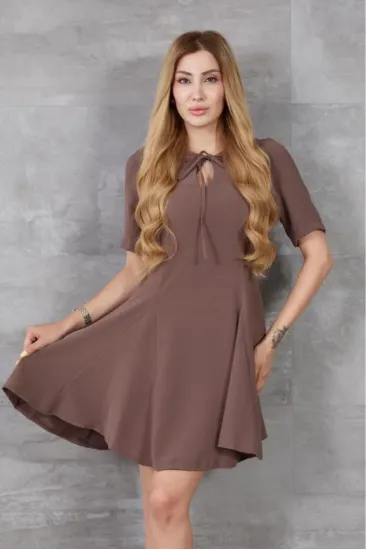 Kadın Vizon Volanlı Kısa Kollu Yazlık Mini Giy Çık Elbise Kahverengi 3752314