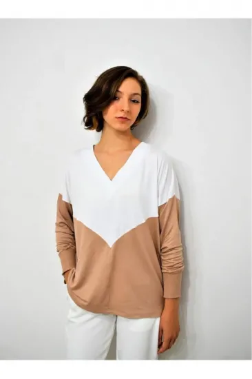 Kadın V Yaka Color Block Yumuşak Dokulu Rahat 3 Iplik Penye Bluz 700-3167198 Kadın V Yaka Color Block Yumuşak Dokulu Rahat 3 Iplik Penye Bluz 700-3167198
