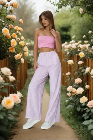 Kadın Bol Paça Poplin Pantolon – Cepli, Beli Bağcıklı, Fisto Detaylı, Rahat Kesim 700-3757176