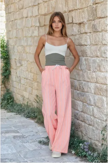 Kadın Bol Paça Poplin Pantolon – Cepli, Beli Bağcıklı, Fisto Detaylı, Rahat Kesim 700-3757176