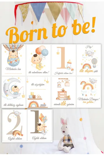 Yeni Doğan Bebek Anı ve Gelişim Hatıra Fotoğraf Kartları Born To Be temalı