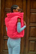 Pembe Dik Yaka Beli Lastikli Cepli Kısa Şişme Yelek Pembe Dik Yaka Beli Lastikli Cepli Kısa Şişme Yelek
