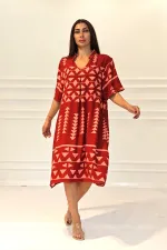 Kiremit Rengi V Yaka Desenli Cepli Midi Elbise Kiremit Rengi V Yaka Desenli Cepli Midi Elbise