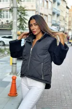 Siyah Dik Yaka Kolları Triko Cepleri Fermuarlı Şişme Mont Siyah Dik Yaka Kolları Triko Cepleri Fermuarlı Şişme Mont