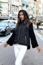 Siyah Dik Yaka Kolları Triko Cepleri Fermuarlı Şişme Mont Siyah Dik Yaka Kolları Triko Cepleri Fermuarlı Şişme Mont