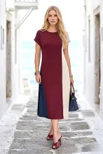Bordo Ekru Lacivert Modal Midi Elbise Bordo Ekru Lacivert Modal Midi Elbise