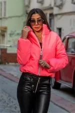 Pembe Dik Yaka Kısa Deri Şişme Mont Pembe Dik Yaka Kısa Deri Şişme Mont