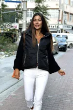 Siyah Dik Yaka Kolları Triko Cepleri Fermuarlı Şişme Mont Siyah Dik Yaka Kolları Triko Cepleri Fermuarlı Şişme Mont