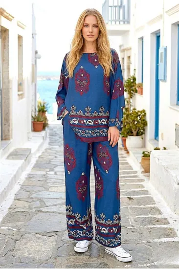 Saks Mavi Otantik Desenli Pantolon Bluz Takım Saks Mavi Otantik Desenli Pantolon Bluz Takım