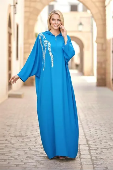 Mavi Kapüşonlu Nakışlı Cepli Oversize Uzun Elbise Mavi Kapüşonlu Nakışlı Cepli Oversize Uzun Elbise