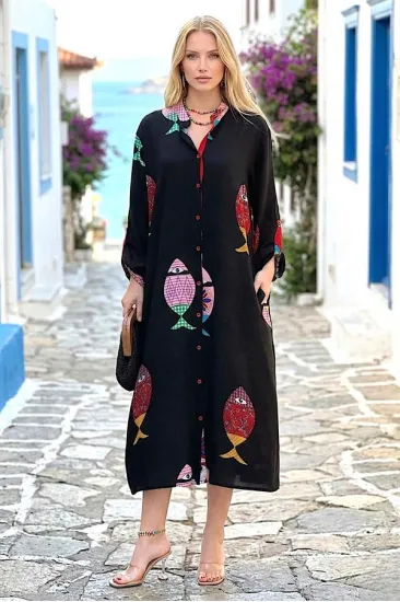 Siyah Balıklı Gömlek Elbise Siyah Balıklı Gömlek Elbise