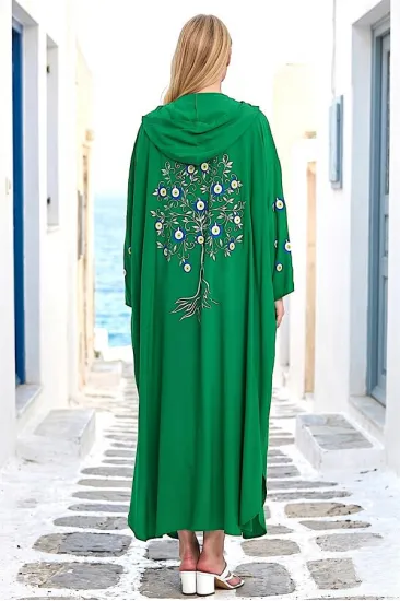 Yeşil Kapüşonlu Sırtı Ve Kolları Kabartma Baskılı Oversize Uzun Elbise Yeşil Kapüşonlu Sırtı Ve Kolları Kabartma Baskılı Oversize Uzun Elbise