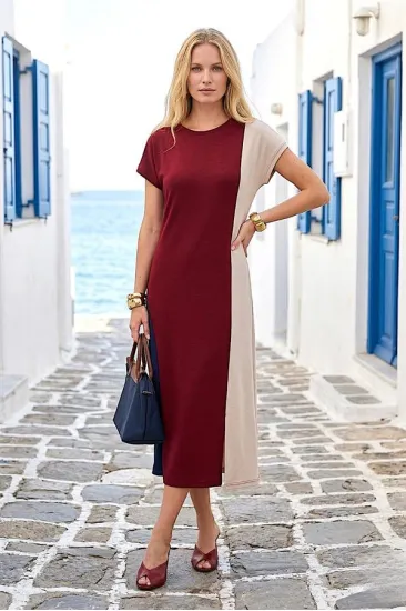 Bordo Ekru Lacivert Modal Midi Elbise Bordo Ekru Lacivert Modal Midi Elbise