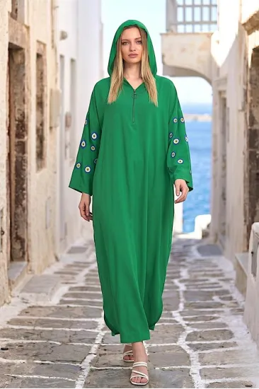 Yeşil Kapüşonlu Sırtı Ve Kolları Kabartma Baskılı Oversize Uzun Elbise Yeşil Kapüşonlu Sırtı Ve Kolları Kabartma Baskılı Oversize Uzun Elbise