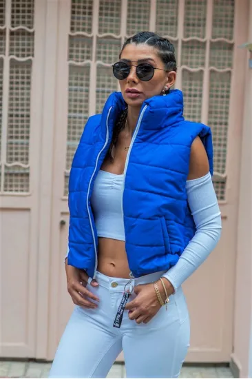 Saks Mavi Dik Yaka Beli Lastikli Cepli Kısa Şişme Yelek Saks Mavi Dik Yaka Beli Lastikli Cepli Kısa Şişme Yelek