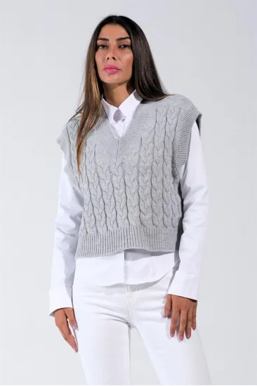 Gri V Yaka Crop Saç Örgü Triko Süveter Gri V Yaka Crop Saç Örgü Triko Süveter