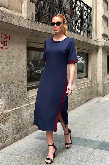 Lacivert Şeritli Modal Elbise Lacivert Şeritli Modal Elbise