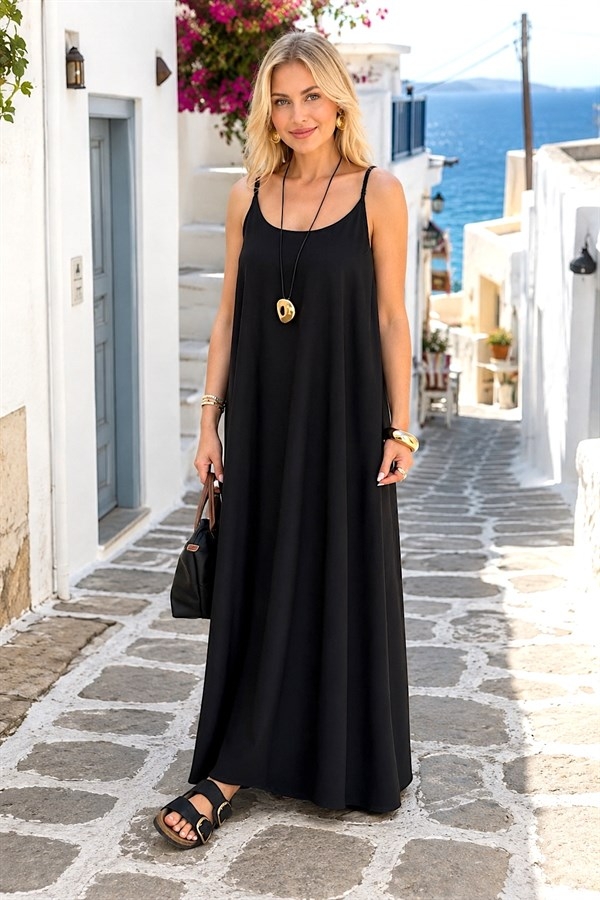 Siyah Ayarlanabilir Askılı Uzun Elbise Siyah Ayarlanabilir Askılı Uzun Elbise