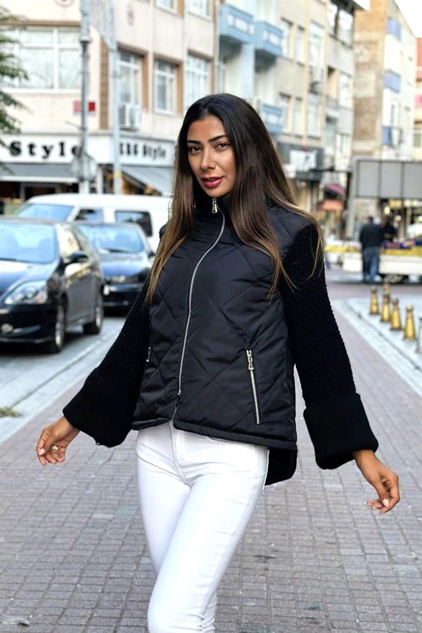Siyah Dik Yaka Kolları Triko Cepleri Fermuarlı Şişme Mont Siyah Dik Yaka Kolları Triko Cepleri Fermuarlı Şişme Mont
