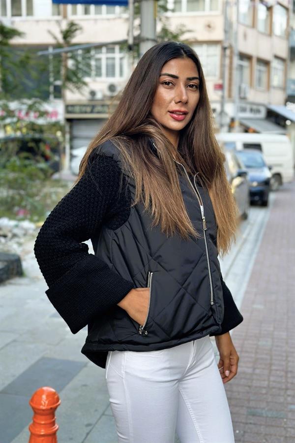 Siyah Dik Yaka Kolları Triko Cepleri Fermuarlı Şişme Mont Siyah Dik Yaka Kolları Triko Cepleri Fermuarlı Şişme Mont