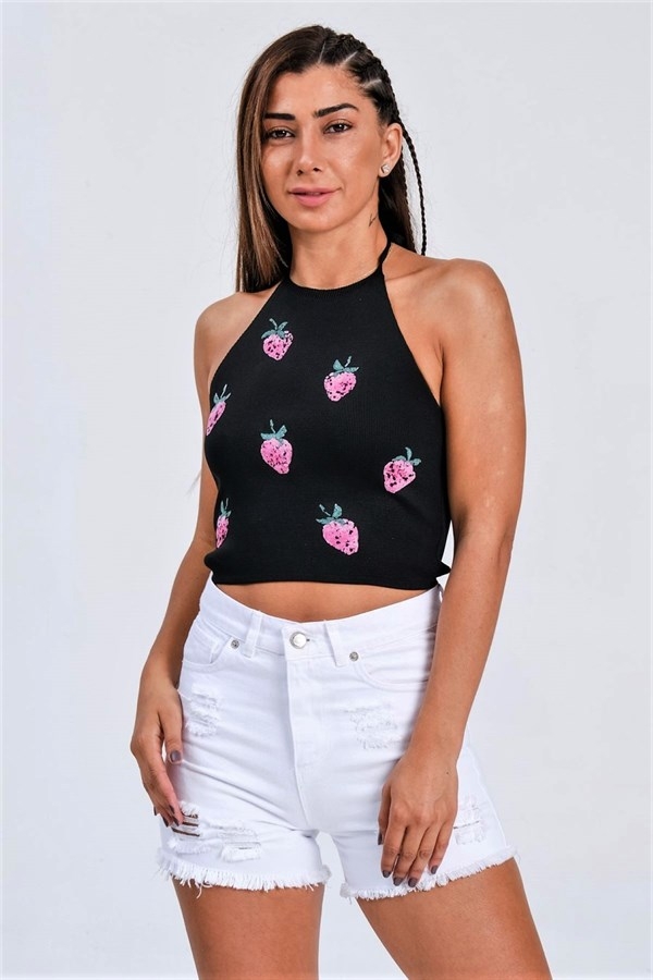 Siyah Çilek Kabartma Baskı Boyundan Bağlamalı Crop Örme Bluz Siyah Çilek Kabartma Baskı Boyundan Bağlamalı Crop Örme Bluz